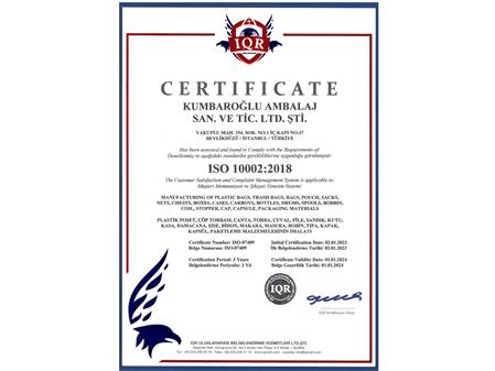  ISO 10002-2018 CERTIFICATE